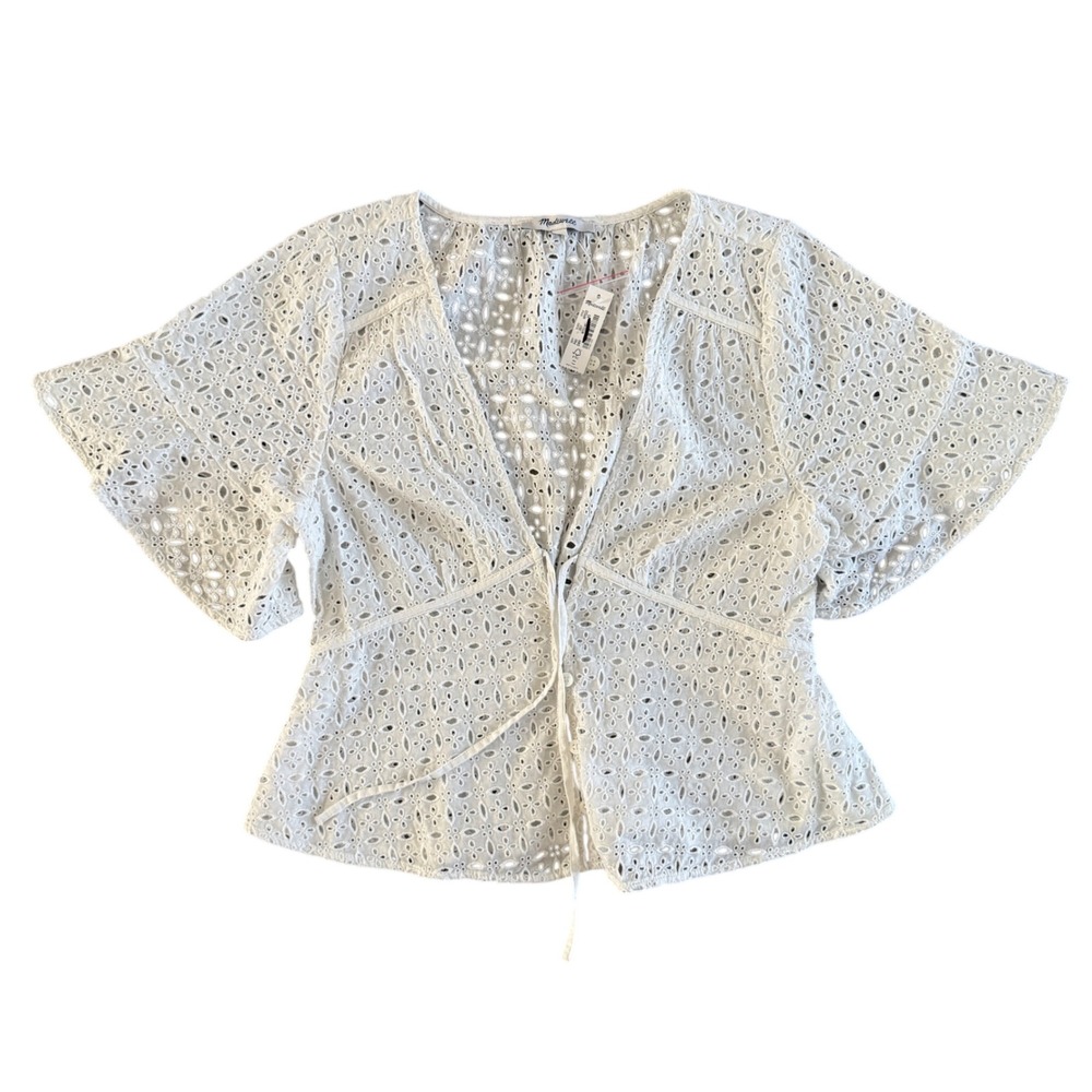 Madewell White Eyelet V-Neck Front Tie Flutter Sleeve Top - Size XS NWT